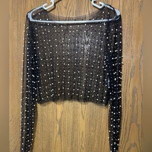SO Black Sheer Pearl-Studded Long Sleeve Crop Top